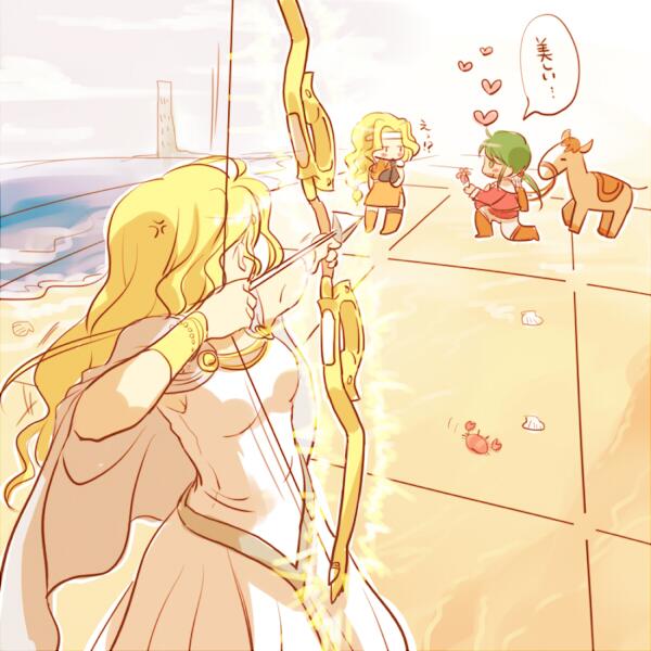 1boy, 2girls, arrow_(projectile), blush, bow_(weapon), brigid_(fire_emblem), cape, dress, edain_(fire_emblem), fire_emblem, fire_emblem:_genealogy_of_the_holy_war, firing, green_hair, gunguniru, headband, kneeling, long_hair, midir_(fire_emblem), multiple_girls, proposal, wavy_hair, weapon
