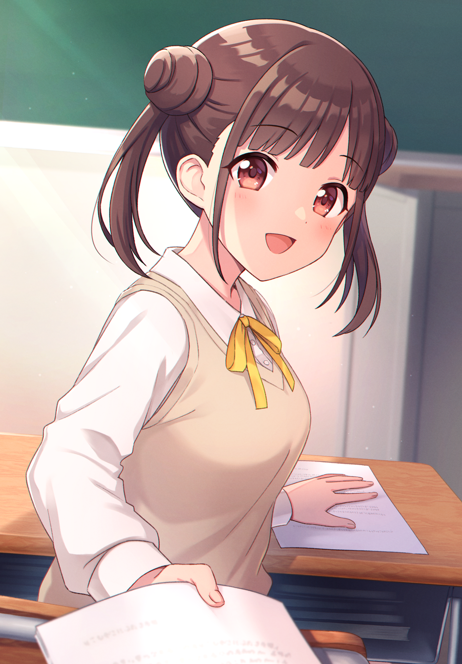 1girl, 23nanato, :d, bangs, blunt_bangs, blush, book, brown_hair