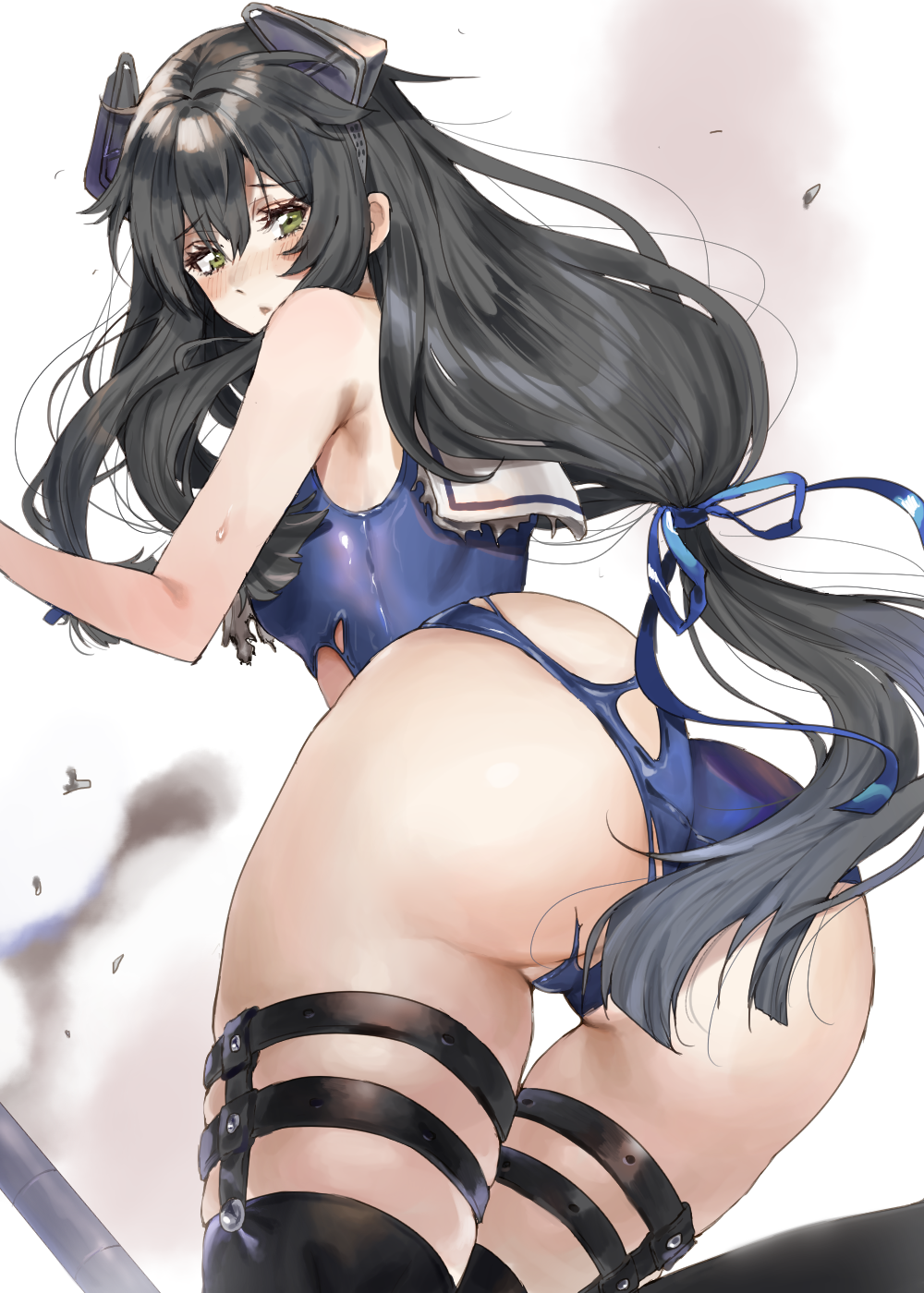 1girl, amakaze, ass, bangs, black_hair, black_legwear, blue_swimsuit, damaged, from_behind, green_eyes, hair_between_eyes, hair_ornament, hair_ribbon, headgear, highres, i-47_(kantai_collection), kantai_collection, long_hair, open_mouth, ribbon, school_swimsuit, solo, swimsuit, thigh-highs, white_background