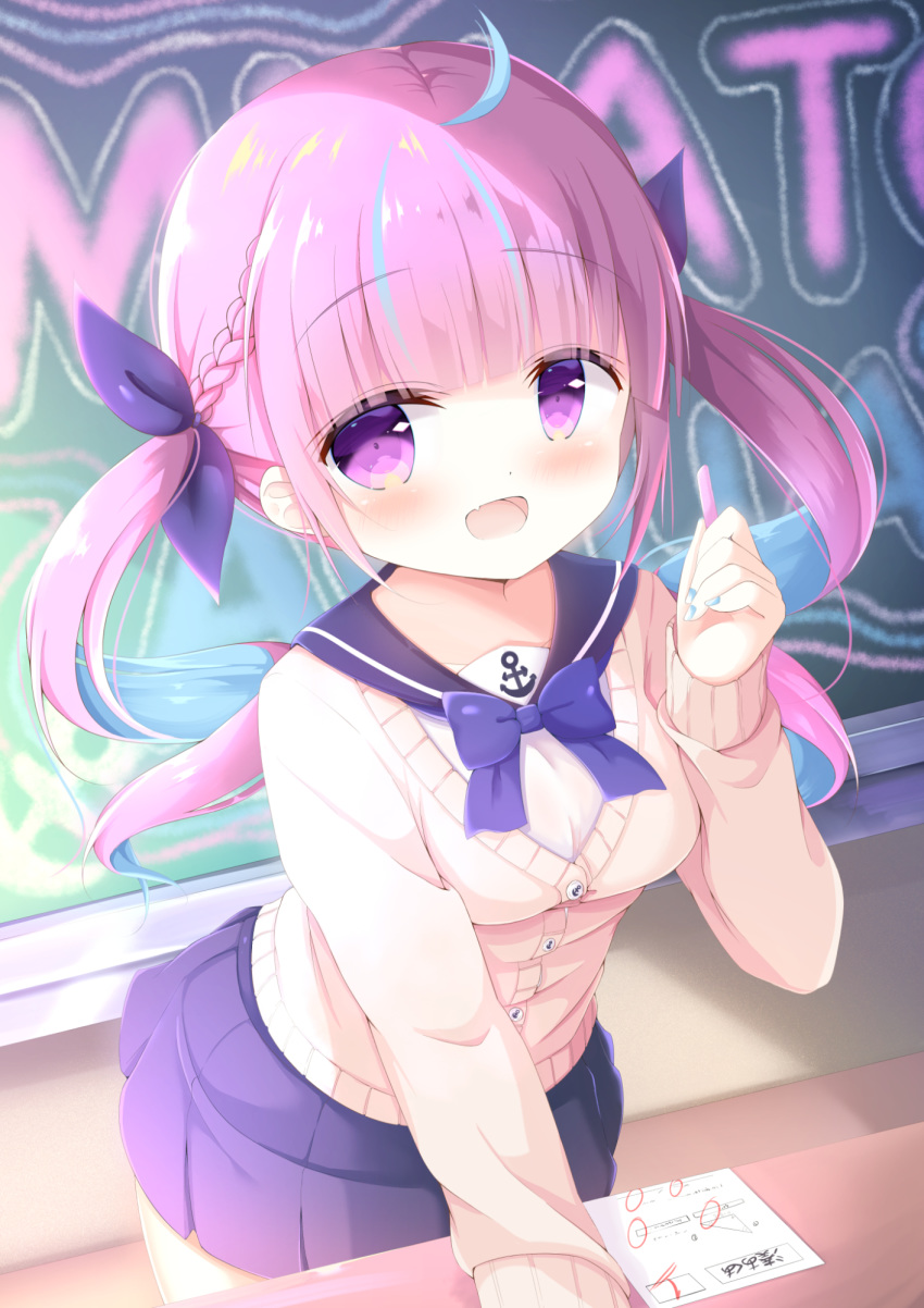 1girl, :d, ahoge, alternate_costume, anchor_symbol, bangs, black_sailor_collar, blue_bow
