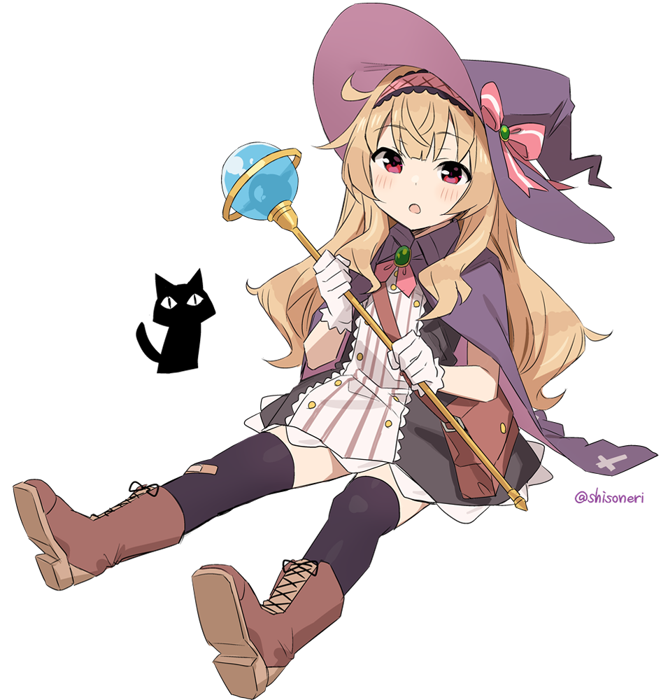 1girl, :o, bag, black_cat, black_dress, black_legwear, blonde_hair, boots