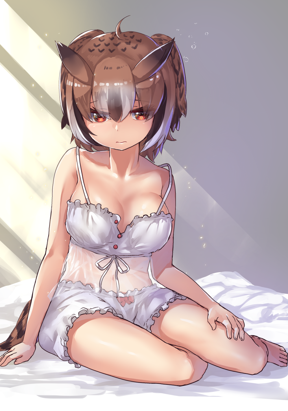 1girl, bangs, bare_shoulders, barefoot, bed_sheet, bird_tail, bow, bow_bloomers