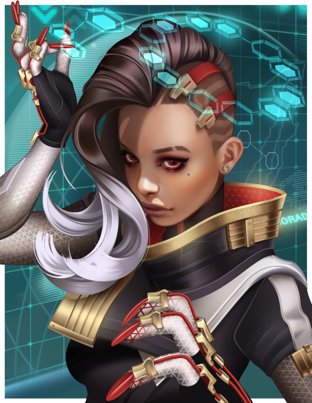 1girl, alternate_color, alternate_hair_color, asymmetrical_hair, black_hair, dark_skin, eyeshadow, fingernails, forehead, grey_hair, high_collar, holographic_interface, lips, long_fingernails, looking_at_viewer, makeup, medium_hair, mole, mole_under_eye, multicolored_hair, noche_sombra, nose, overwatch, plug_(piercing), portrait, queans, red_eyeshadow, solo, sombra_(overwatch), thick_eyebrows, two-tone_hair, undercut, very_dark_skin
