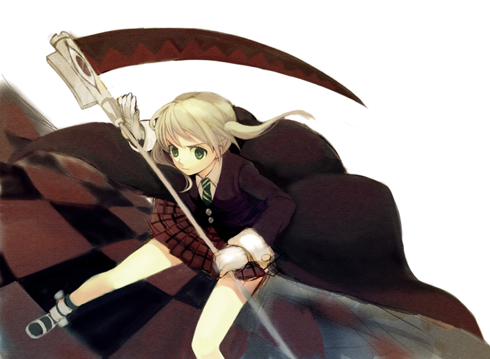 blonde_hair, green_eyes, maka_albarn, maka_arubaan, plaid, plaid_skirt, scythe, skirt
