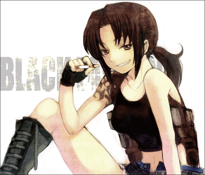 black_lagoon, brown_eyes, brown_hair, cigarette, fingerless_gloves, gloves, gun, handgun, holster, pistol, ponytail, revy, sleeveless_shirt, smile, tattoo, weapon, xx_soul, yonko