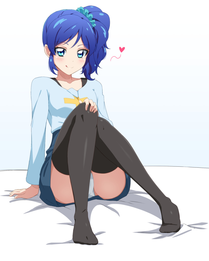 1girl, :q, acchi_(koiyimknp), aikatsu!, aikatsu!_(series), bed_sheet, black_legwear, blue_eyes