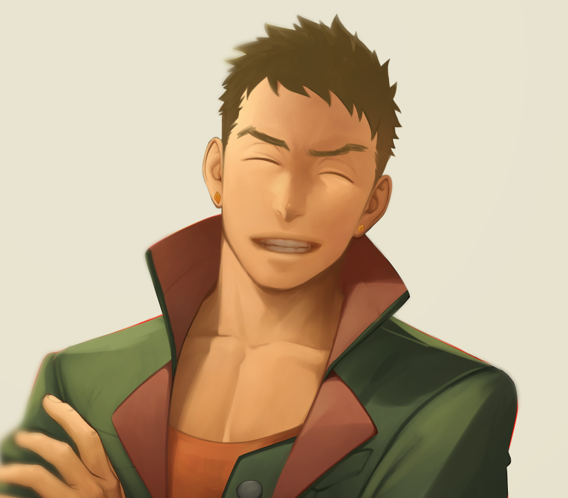 1boy, bara, brown_hair, chest, closed_eyes, crossed_arms, earrings, gundam