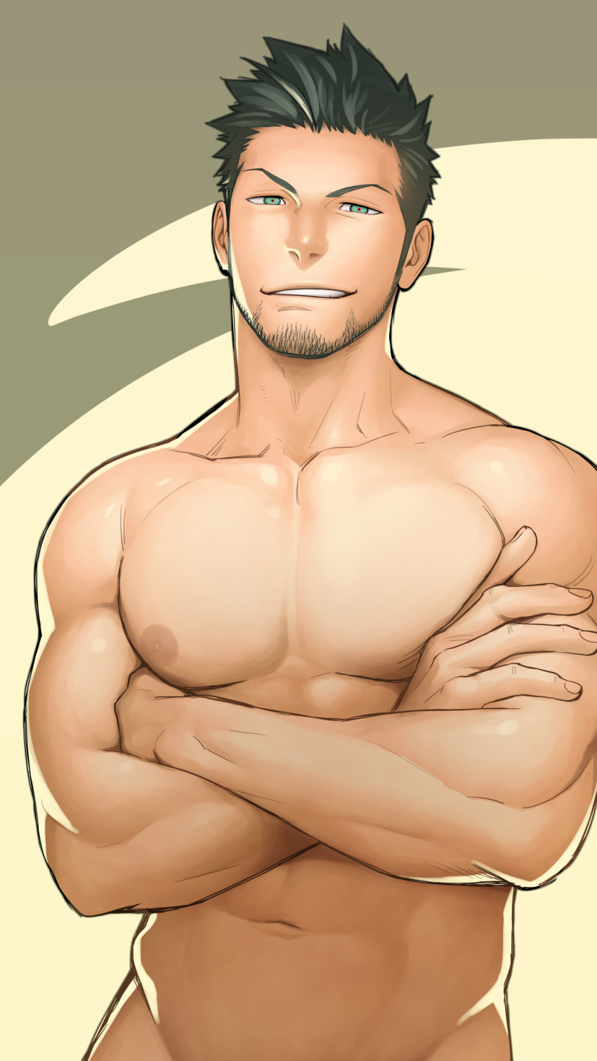 1boy, abs, bara, beard, black_hair, chest, crossed_arms, facial_hair