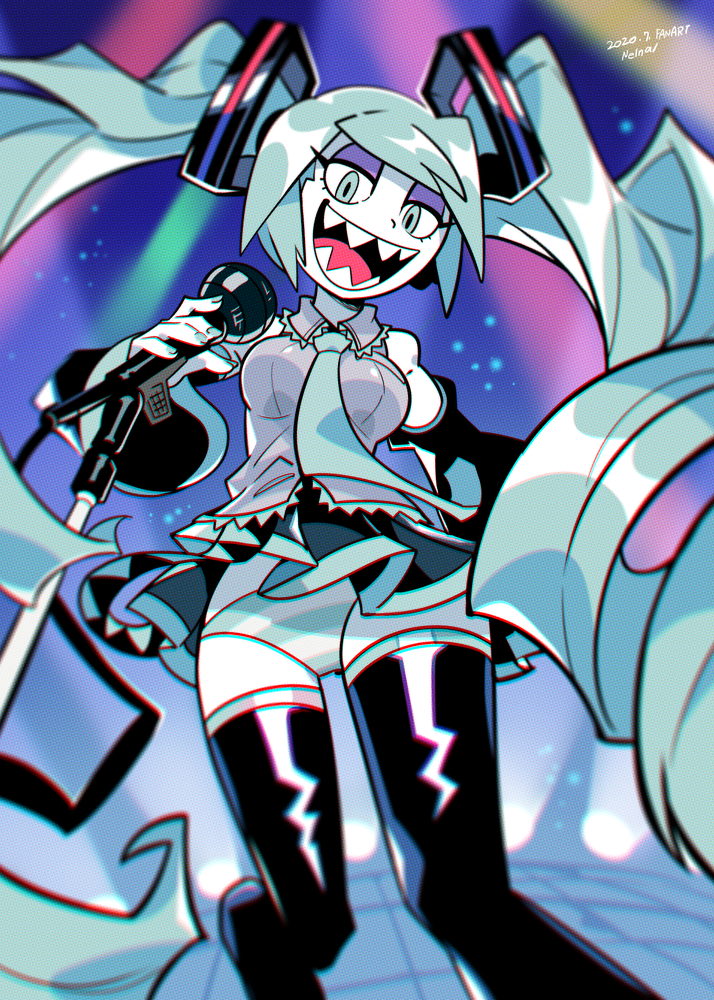 1girl, black_skirt, blue_eyes, blue_hair, boots, breasts, detached_sleeves, floating_clothes