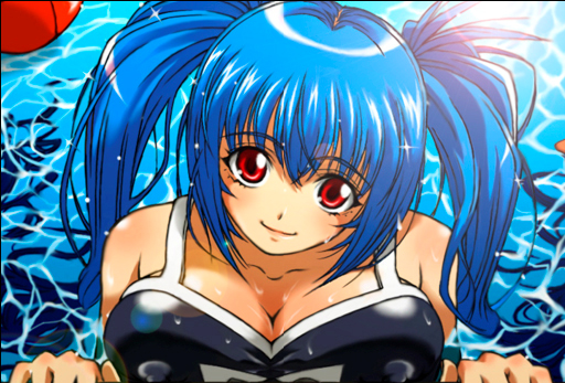 blue_hair, breast_press, breasts, name_tag, one-piece_swimsuit, original, red_eyes, school_swimsuit