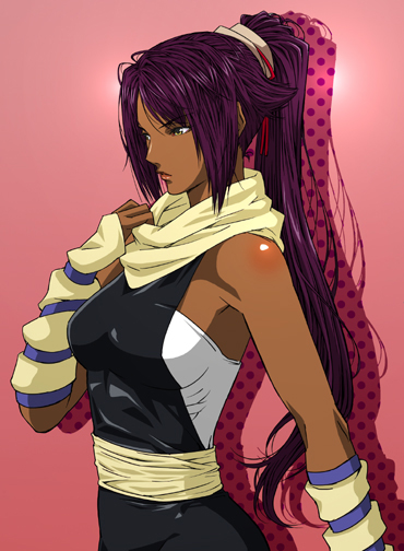 1girl, bad_id, breasts, dark_skin, female, long_hair, looking_away, ponytail, purple_hair, sash, shihouin_yoruichi, solo, tied_hair, wankoro_mochi