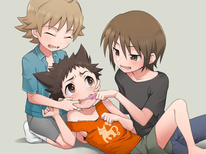 3boys, barefoot, beige_background, blush, brown_eyes, brown_hair, eye_contact, fangs