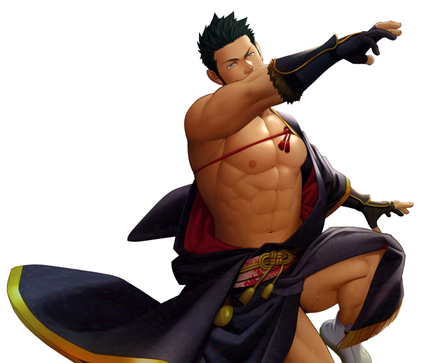 1boy, alternate_costume, bara, beard, black_hair, chest, dynamic_pose, facial_hair