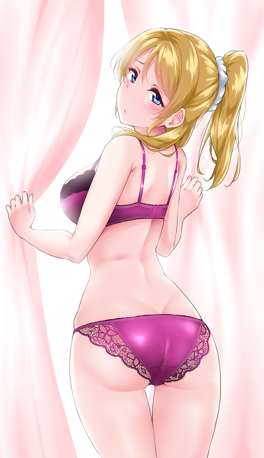 1girl, :o, ass, ayase_eli, bangs, bare_arms, bare_back, blonde_hair
