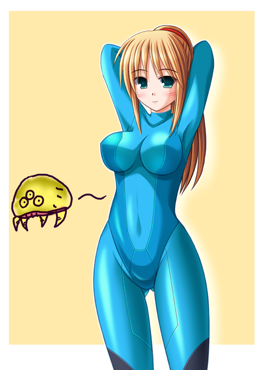 blue_eyes, blush, bodysuit, breasts, large_breasts, long_hair, lycra, metroid, metroid_(creature), nak_yama, nintendo, ponytail, samus_aran, shiny, shiny_clothes, skin_tight, spandex, zero_suit