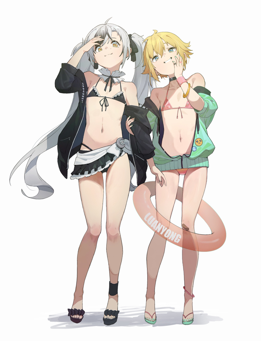 2boys, antenna_hair, badge, bandaid, bandaid_on_knee, bare_shoulders, bikini, black_bikini, black_footwear, black_hair, black_jacket, black_ribbon, blue_eyes, button_badge, buttons, crescent, flat_chest, flip-flops, front-tie_bikini, front-tie_top, full_body, green_footwear, green_jacket, green_nails, grin, hair_between_eyes, hair_ribbon, hand_on_own_cheek, hand_up, highres, holding_another's_arm, innertube, jacket, long_hair, long_sleeves, looking_at_viewer, looking_down, multicolored_hair, multiple_boys, navel, nijisanji, off_shoulder, open_clothes, open_jacket, open_toe_shoes, orange_bikini, otoko_no_ko, ribbon, sandals, sidelocks, simple_background, smile, smirk, smug, standing, stomach, string_bikini, suzuki_masaru, swimsuit, symbol_commentary, twintails, two-tone_hair, uzuki_kou, virtual_youtuber, waterkuma, white_background, white_hair, wristband, yellow_eyes