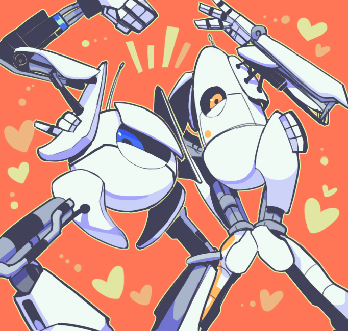 arm_around_shoulder, arm_up, atlas_(portal), black_sclera, blue_eyes, clenched_hand, commentary_request, from_below