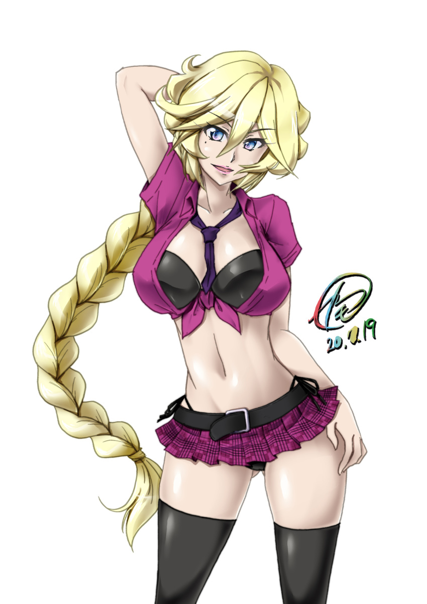 1girl, ass_visible_through_thighs, bikini, bikini_under_clothes, black_bikini, black_legwear, blonde_hair, blue_eyes