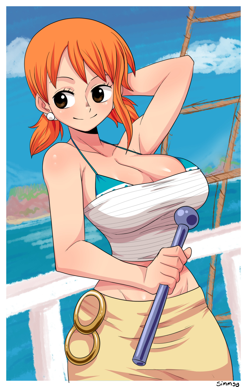 1girl, absurdres, arm_up, bikini, bikini_top, bikini_under_clothes, blue_sky, blush, brown_eyes, clouds, cowboy_shot, day, hand_behind_head, highres, holding, midriff, nami_(one_piece), one_piece, orange_hair, outdoors, short_hair, signature, simmsyfart, sky, smile, solo, strapless, swimsuit, tubetop, twintails, white_tubetop