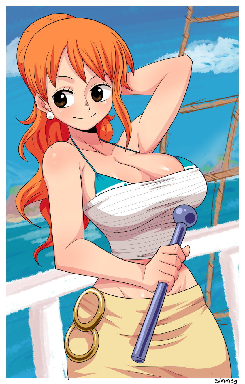 1girl, absurdres, arm_up, bikini, bikini_top, bikini_under_clothes, blue_sky, blush