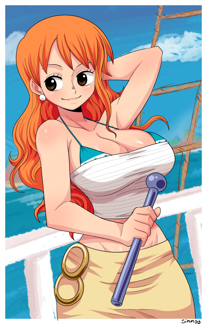 1girl, absurdres, arm_up, bikini, bikini_top, bikini_under_clothes, blue_sky, blush