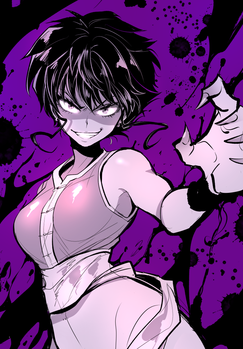 1girl, black_hair, bracer, breasts, commentary_request, evil_grin, evil_smile, fingernails, genderswap, genderswap_(mtf), grin, looking_at_viewer, marimo_(yousei_ranbu), monochrome, pants, pantyhose_taro, ranma_1/2, shaded_face, sharp_fingernails, shirt, short_hair, sidelocks, sleeveless, sleeveless_shirt, smile, solo, splatter