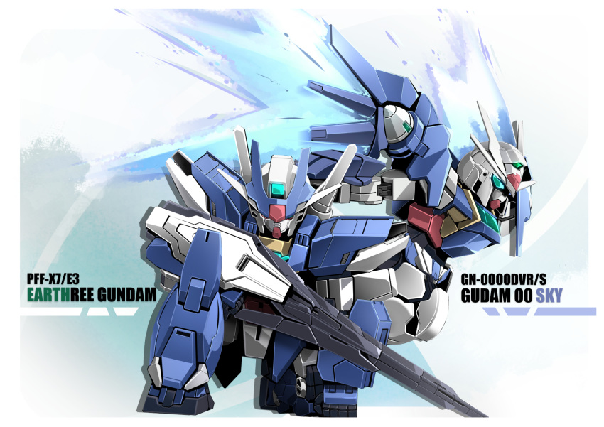 aqua_eyes, character_name, chibi, earthree_gundam, energy_wings, flying, gun, gundam