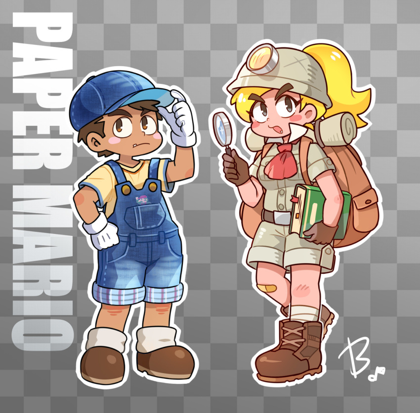 1boy, 1girl, backpack, bag, bandaid, bandaid_on_knee, baseball_cap, beco_(100me)