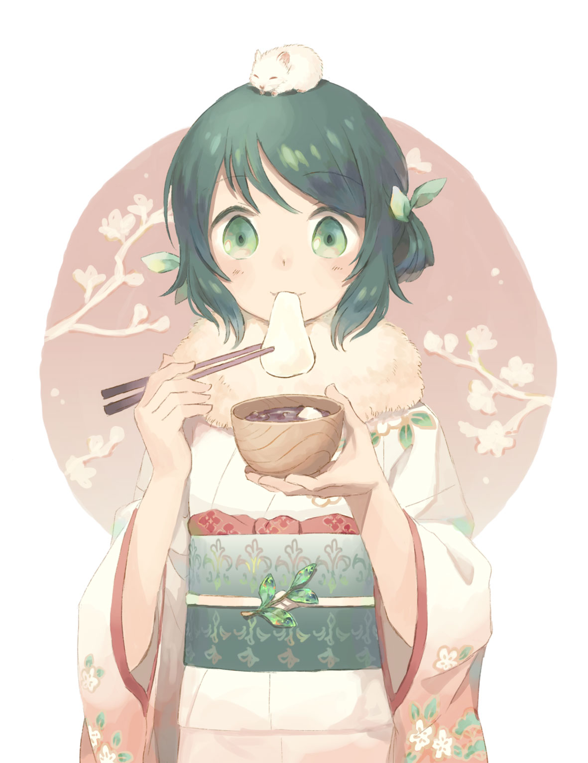 1girl, ametani_kuko, animal_on_head, bangs, bowl, chopsticks, commentary_request, eating