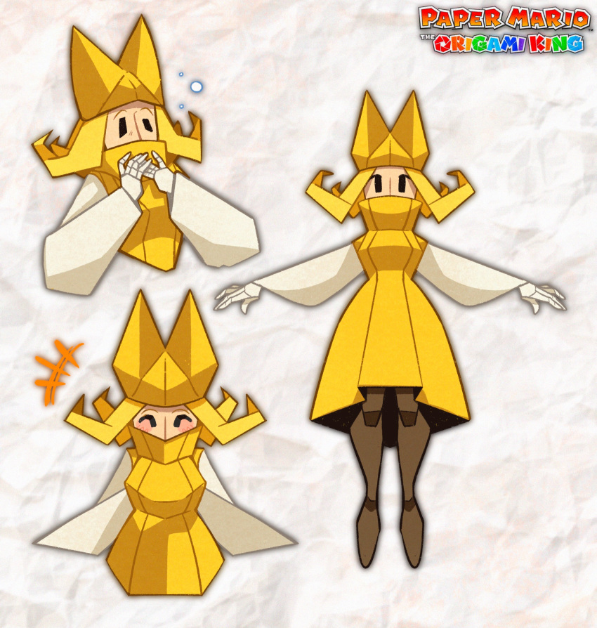 1girl, black_eyes, blonde_hair, copyright_name, covered_mouth, dress, english_commentary, flipped_hair, gloves, hat, high_collar, highres, joints, super_mario_bros., olivia_(paper_mario), paper_mario, paper_mario:_the_origami_king, paperrose, personification, solo, white_gloves, wide_sleeves, yellow_dress, yellow_headwear, |_|
