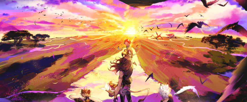 4boys, animal_ears, bangs, braid, brown_hair, cheka, closed_eyes, clouds