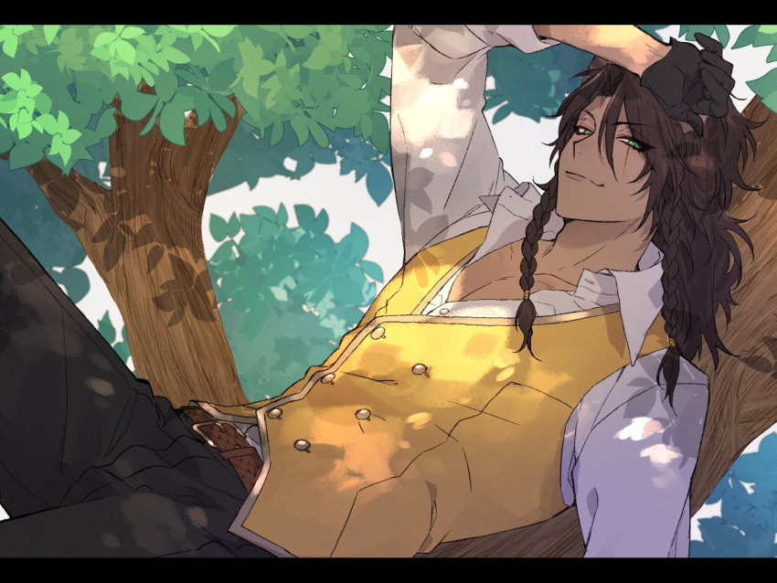 1boy, animal_ears, bangs, braid, brown_hair, collared_shirt, dark_skin, dark_skinned_male