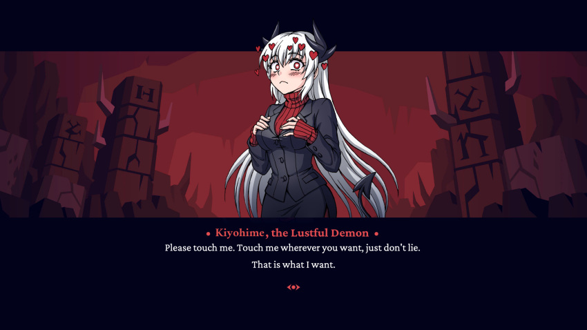 1girl, black_skirt, blush, burbur, cosplay, demon_girl, english_text, fate/grand_order, fate_(series), formal, frown, hair_between_eyes, hands_up, heart, helltaker, highres, horns, kiyohime_(fate/grand_order), long_hair, long_sleeves, looking_at_viewer, modeus_(helltaker), modeus_(helltaker)_(cosplay), pencil_skirt, red_eyes, red_sweater, ribbed_sweater, skirt, solo, sweater, symbol-shaped_pupils, tail, turtleneck