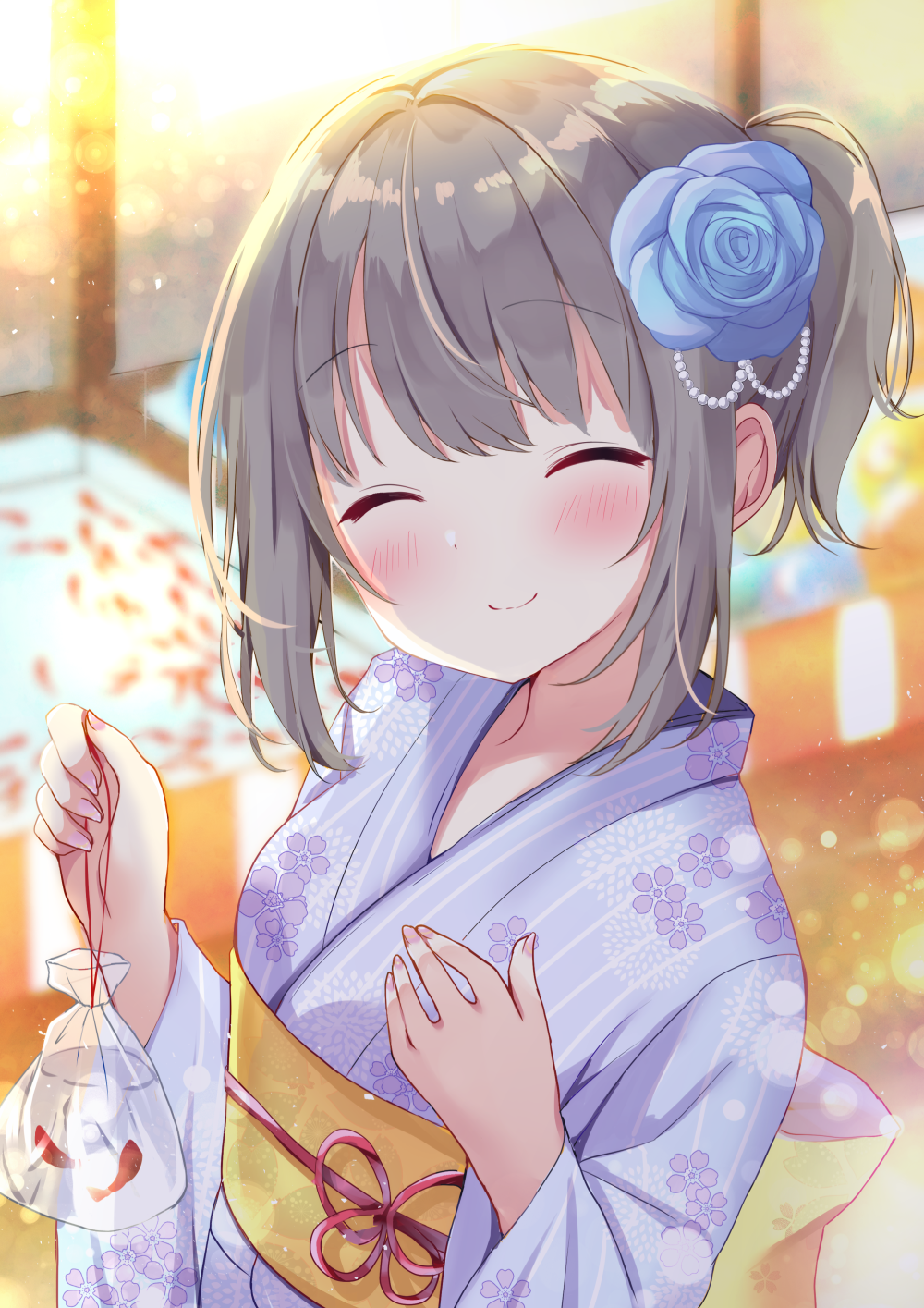 1girl, bag, bagged_fish, blue_flower, blue_rose, blush, closed_eyes, closed_mouth