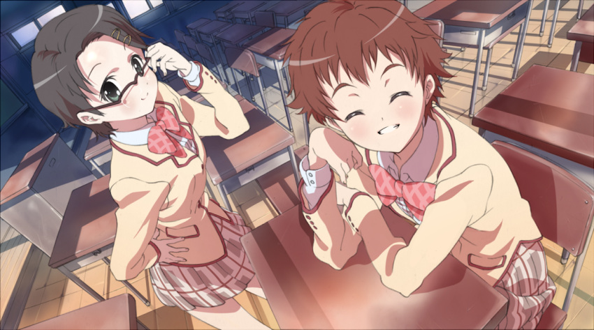 chair, chalkboard, classroom, closed_eyes, desk, glasses, kanokon, p.k.