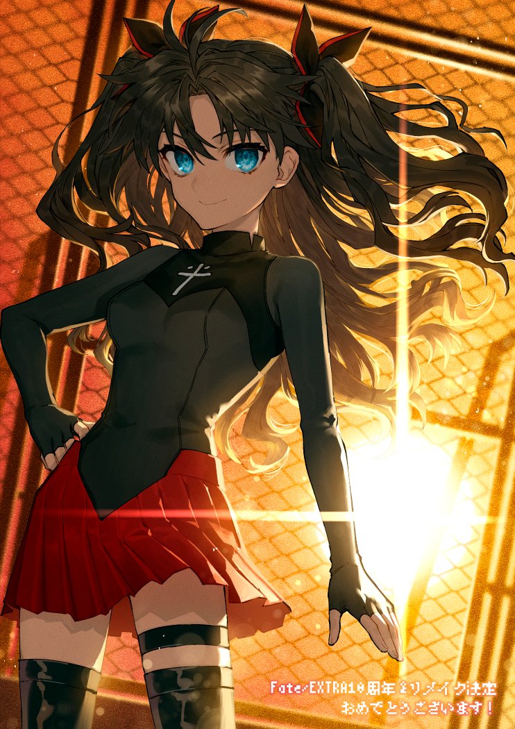 1girl, black_legwear, black_shirt, blue_eyes, bow, chain-link_fence, collared_shirt, cross