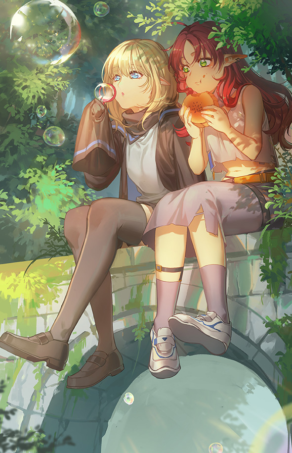 2girls, arknights, blonde_hair, blue_eyes, bubble_blowing, durin_(arknights), dwarf, eating