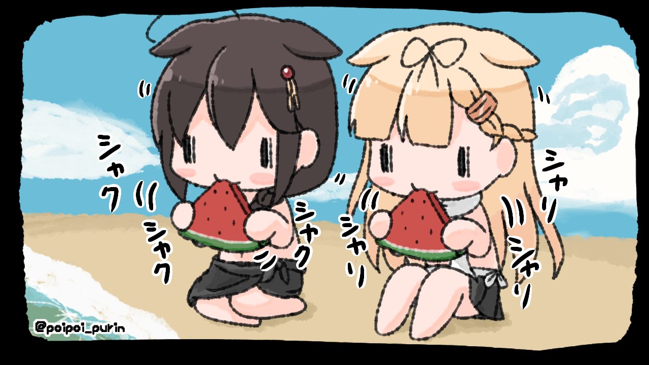 2girls, ahoge, artist_name, beach, chibi, eating, food, fruit