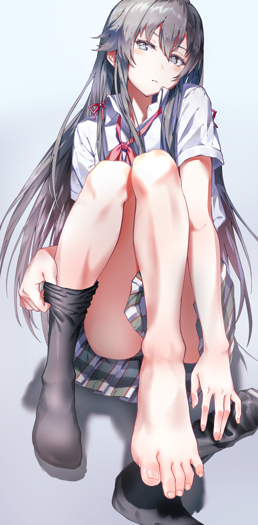 1girl, absurdres, barefoot, black_hair, blazer, blue_eyes, feet, hair_bun