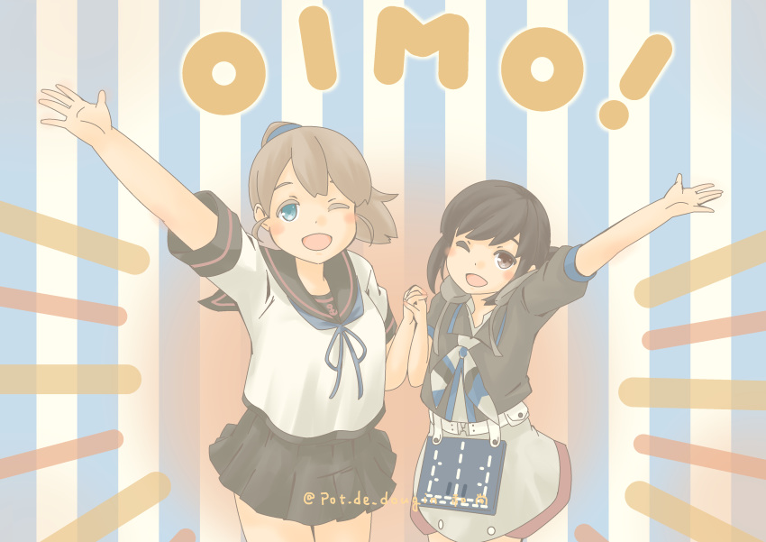 2girls, absurdres, bikini, black_hair, black_sailor_collar, black_shirt, black_skirt, blue_eyes