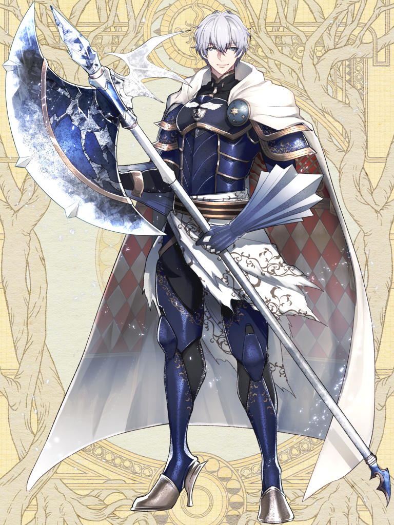 1boy, argyle_cape, armor, axe, cape, dairoku_youhei, full_body, gauntlets, gloves, grey_eyes, hair_between_eyes, high_heels, holding, holding_axe, looking_at_viewer, male_focus, morino_bambi, simple_background, solo, standing, weapon, white_cape, white_hair
