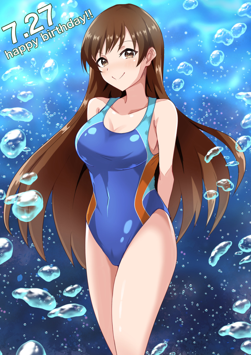 1girl, arms_behind_back, blue_swimsuit, breasts, brown_eyes, brown_hair, commentary_request, competition_swimsuit, happy_birthday, highres, idolmaster, idolmaster_cinderella_girls, kuramari_(godbaan), large_breasts, long_hair, looking_at_viewer, nitta_minami, one-piece_swimsuit, smile, solo, swimsuit, underwater