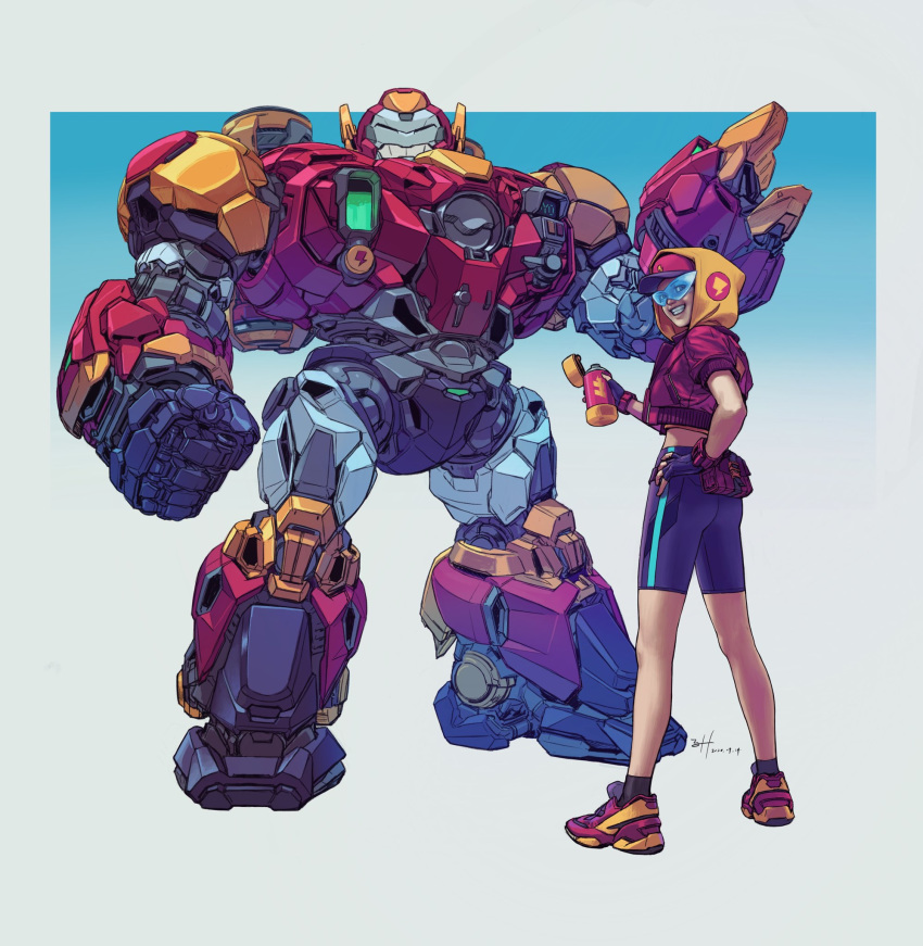 1girl, baseball_cap, bike_shorts, brawl_stars, can, clenched_hand, daver07, english_commentary, hand_on_hip, hat, highres, holding, holding_can, hood, hood_up, looking_at_viewer, looking_back, max_(brawl_stars), mecha, redesign, sunglasses, surge_(brawl_stars), yellow_headwear