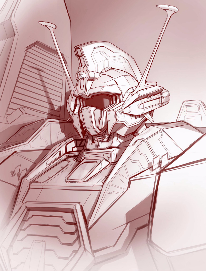 close-up, densetsu_kyojin_ideon, highres, honeybonesmaeda, ideon, looking_ahead, mecha, monochrome