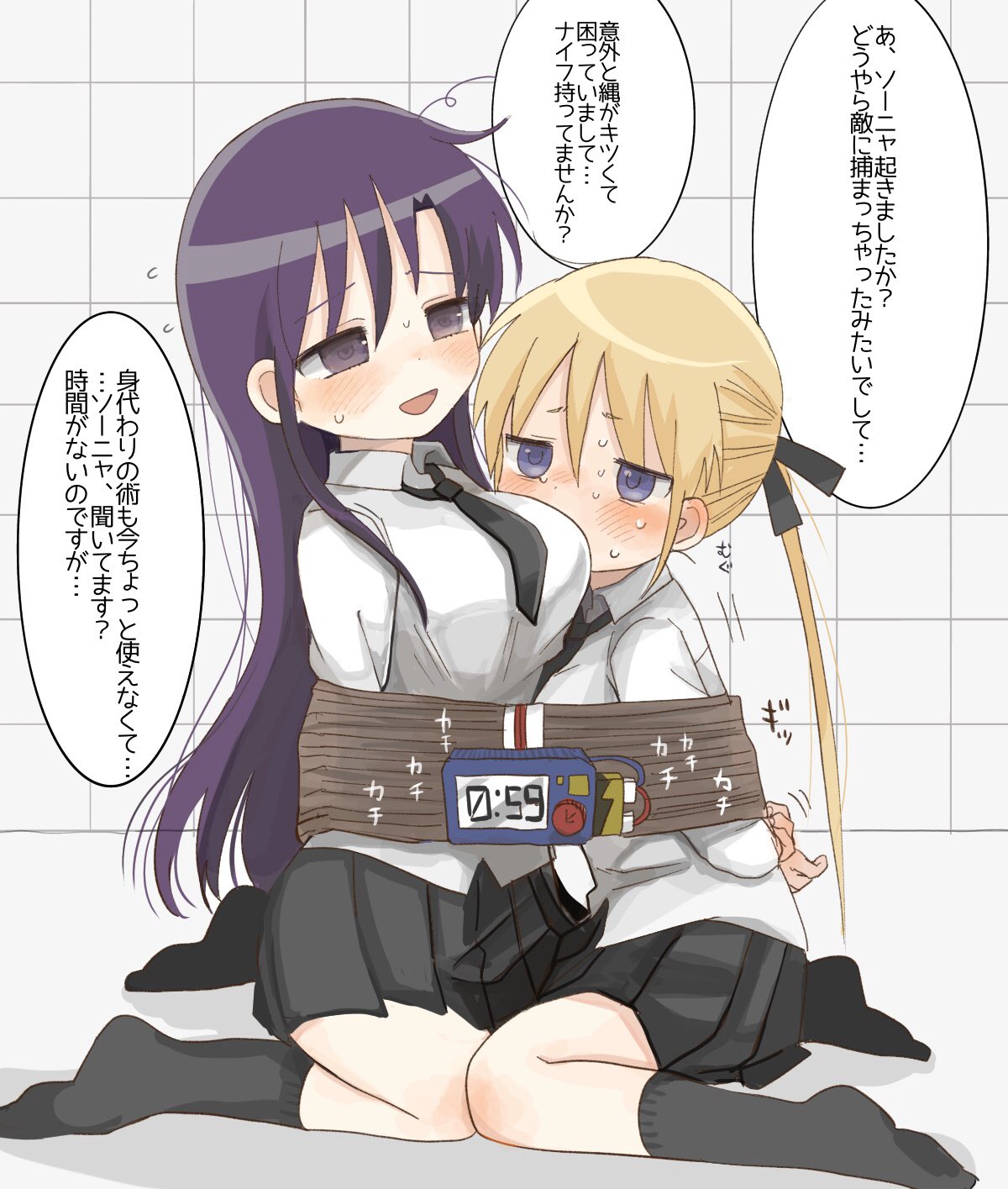 2girls, bdsm, blonde_hair, blue_eyes, blush, bomb, bondage, bound