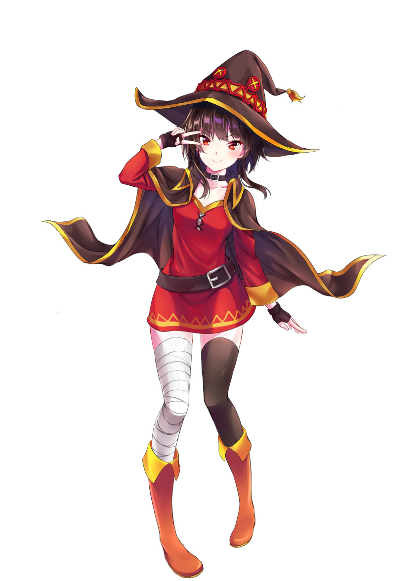 1girl, bandaged_leg, bandages, bangs, belt, belt_buckle, black_belt, black_cape