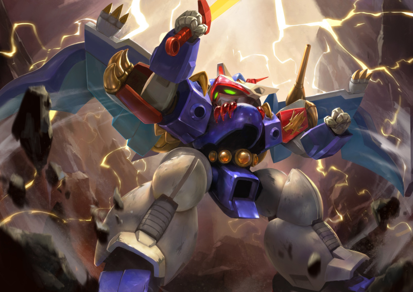 absurdres, chibi, clenched_hands, glowing, glowing_eyes, green_eyes, highres, holding, holding_sword, holding_weapon, linger_ftc, looking_up, mashin_eiyuuden_wataru, mecha, mechanical_wings, no_humans, ryuujinmaru, solo, sword, weapon, wings