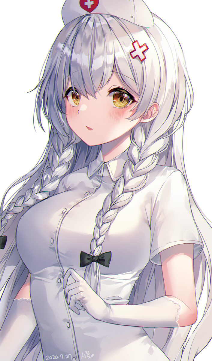 1girl, azur_lane, blush, bow, braid, breasts, dress, gloves