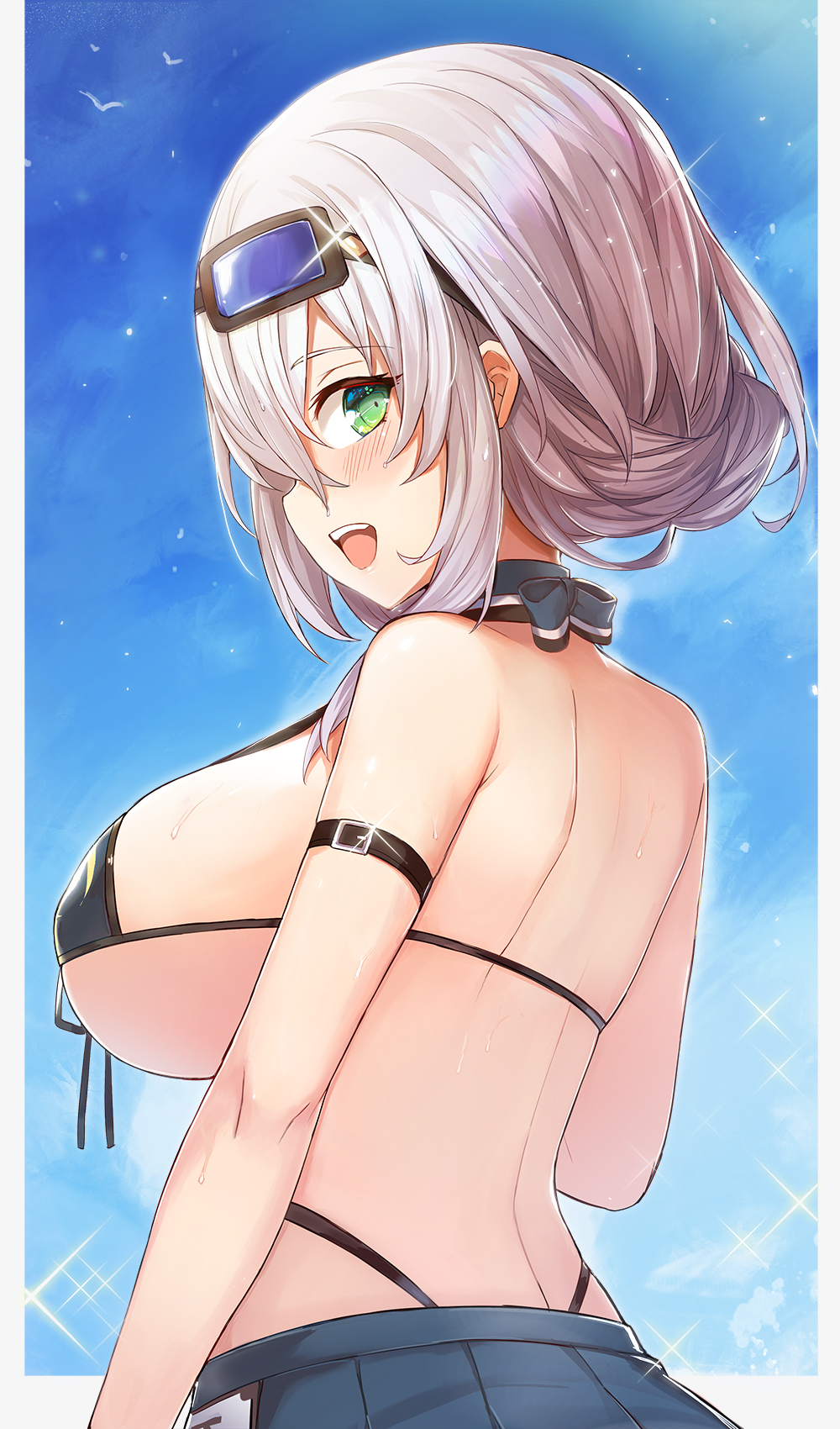 1girl, :d, arm_belt, bikini, black_bikini, blue_sky, breasts, day