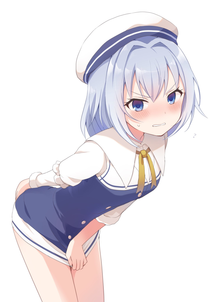 1girl, angry, bangs, between_legs, blue_dress, blue_hair, blush, buchi_(y0u0ri_)